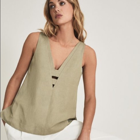 Reiss Emi Linen Blend Top V Neck with Cut Outs Sleeveless Neutral Blush Sz 6 - Picture 13 of 14